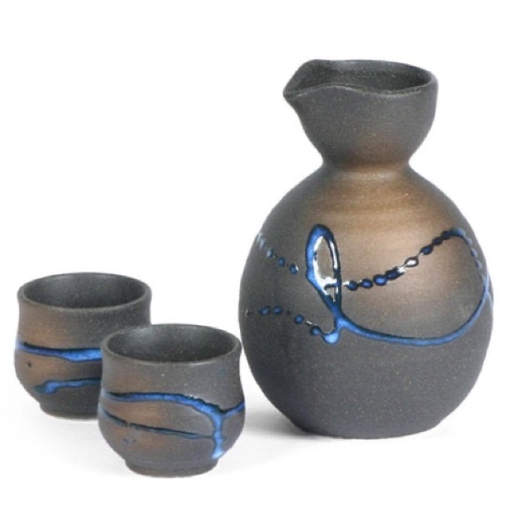 Blue Splatter on Grey Ceramic Pitcher and Two SAKE Cups, NWOT